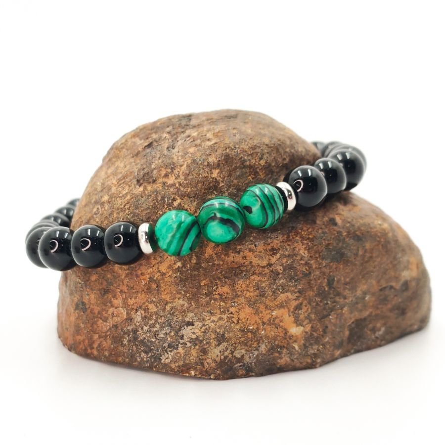 Malakittsteinarmbånd for menn med onyx og perler i rustfritt stål