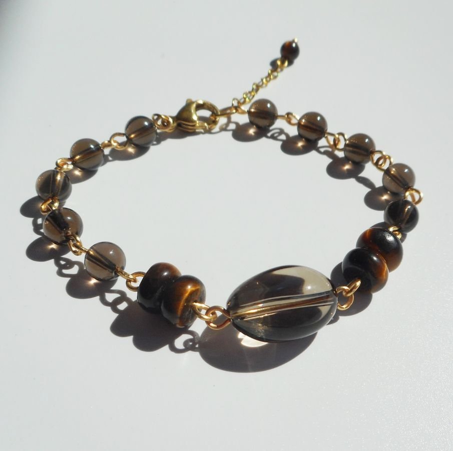 Armbånd med røkt kvarts og tigerøye